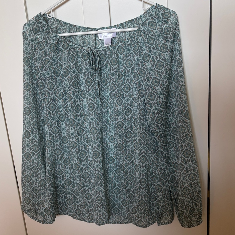 LOFT Teal Green Printed Long-Sleeve Peasant Blouse